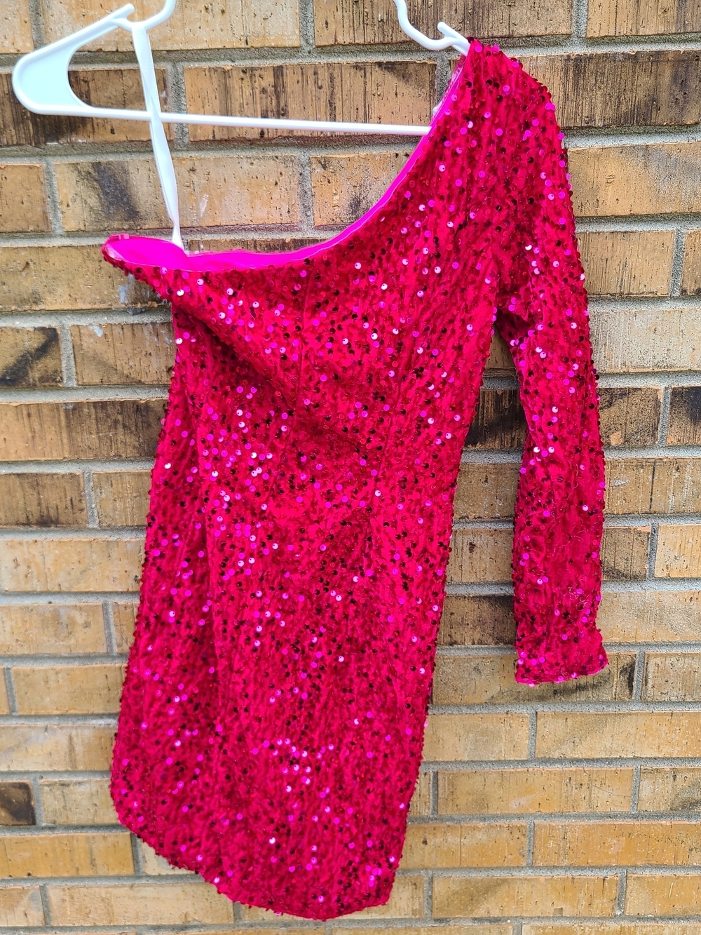 Hot Pink Sequin One Shoulder Mini Dress Bodycon Party Club Dress XS/S